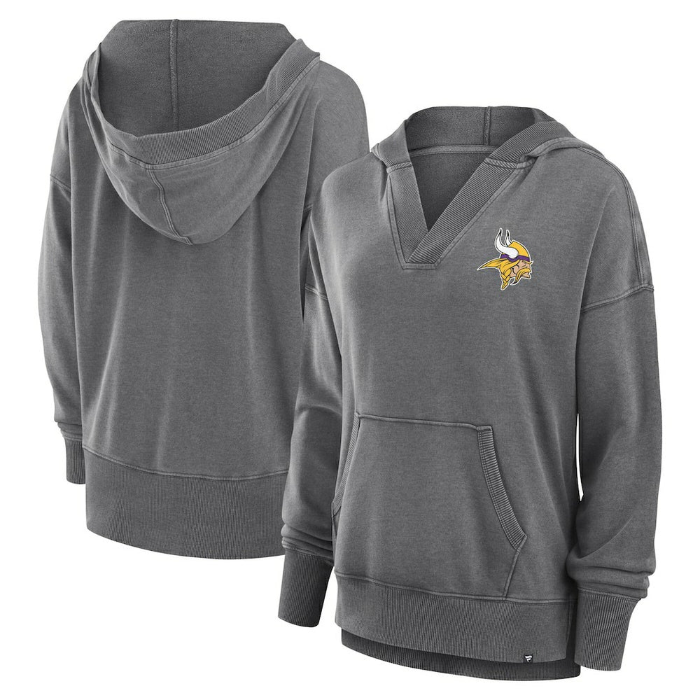 Minnesota Vikings Women's Initiative Snow Wash French Terry V-Neck Pullover Hoodie Heather Charcoal | Fanatics