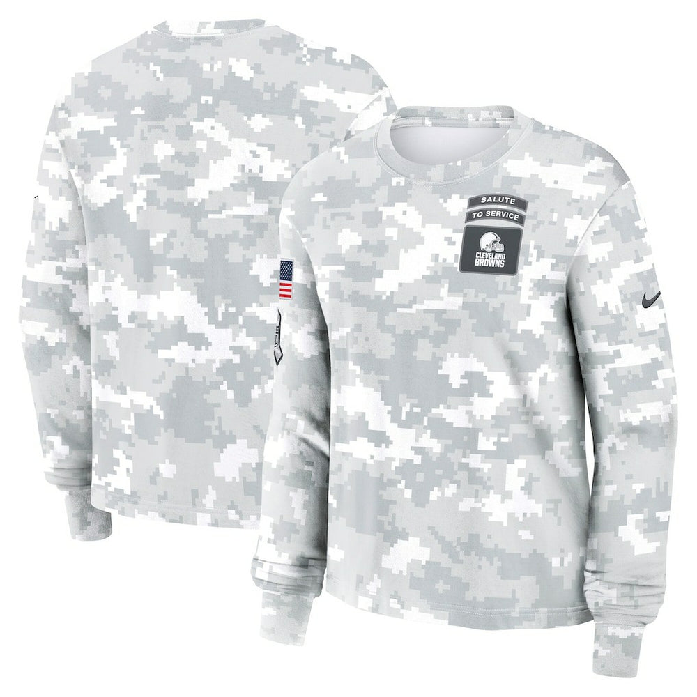 Cleveland Browns Women's 2024 Salute To Service Dri-FIT Long Sleeve T-Shirt Arctic Camo | Nike for Sale