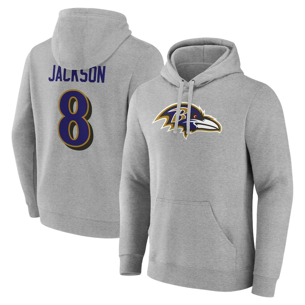 Lamar Jackson Baltimore Ravens Icon Player Name & Number Pullover Hoodie Gray | NFL
