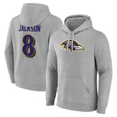 Lamar Jackson Baltimore Ravens Icon Player Name & Number Pullover Hoodie Gray | NFL