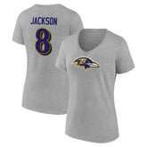 Lamar Jackson Baltimore Ravens Women's Icon Player Name & Number V-Neck T-Shirt Gray | NFL
