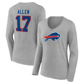 Josh Allen Buffalo Bills Women's Icon Player Name & Number Long Sleeve V-Neck T-Shirt Gray | NFL