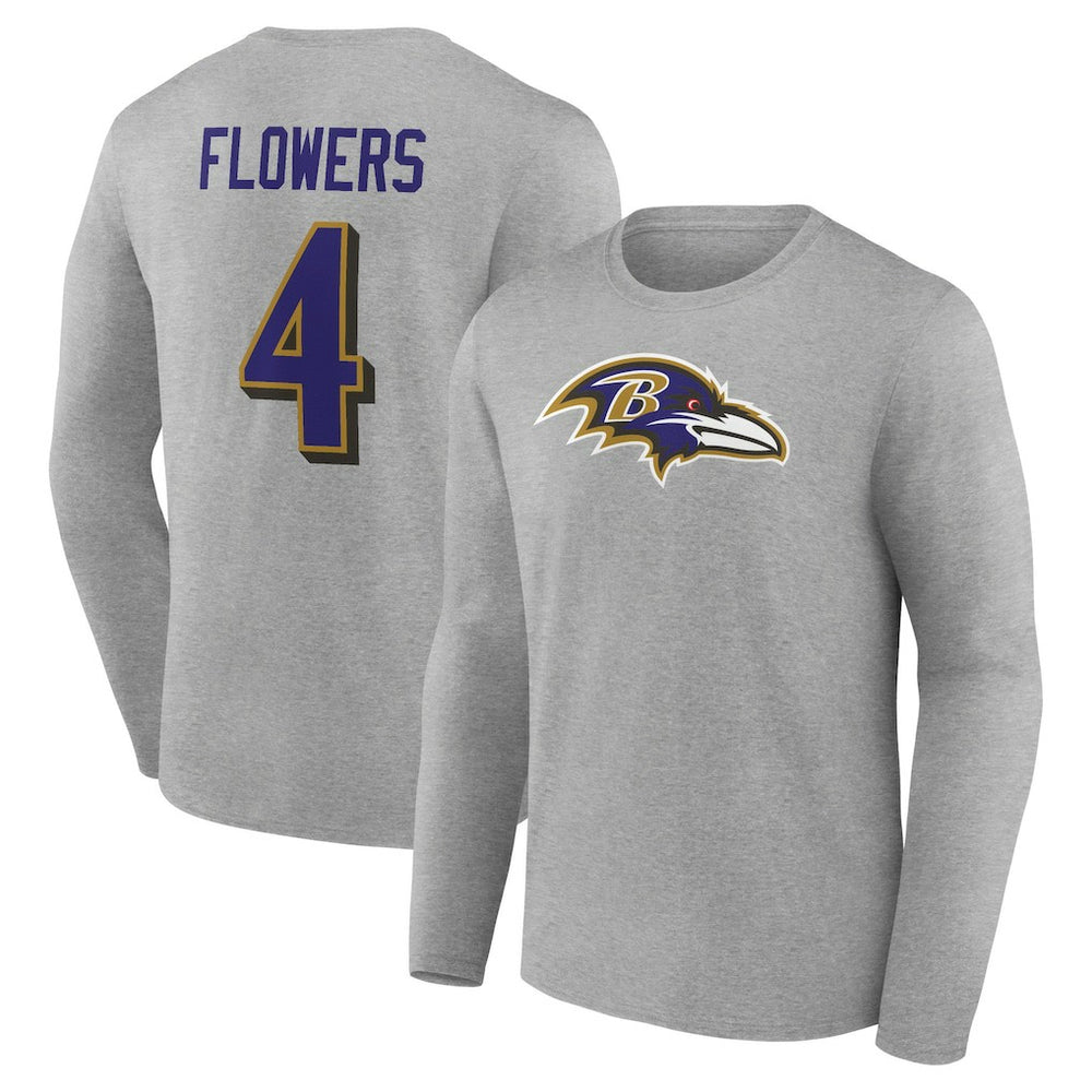 Zay Flowers Baltimore Ravens Icon Player Name & Number Long Sleeve T-Shirt Gray | NFL