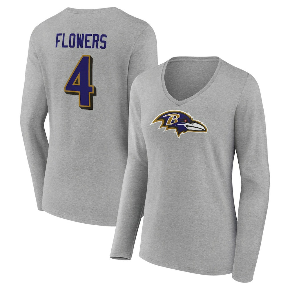 Zay Flowers Baltimore Ravens Women's Icon Player Name & Number Long Sleeve V-Neck T-Shirt Gray | NFL