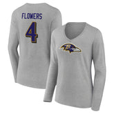 Zay Flowers Baltimore Ravens Women's Icon Player Name & Number Long Sleeve V-Neck T-Shirt Gray | NFL