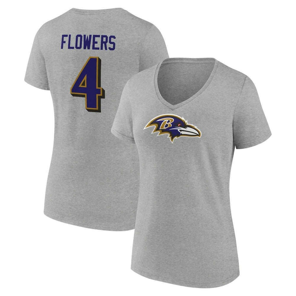 Zay Flowers Baltimore Ravens Women's Icon Player Name & Number V-Neck T-Shirt Gray | NFL