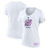 New Jersey Devils Fanatics Women's 2024 Hockey Fights Cancer V-Neck T-Shirt - White - NHL