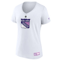 New York Rangers Fanatics Women's 2024 Hockey Fights Cancer V-Neck T-Shirt - White - NHL
