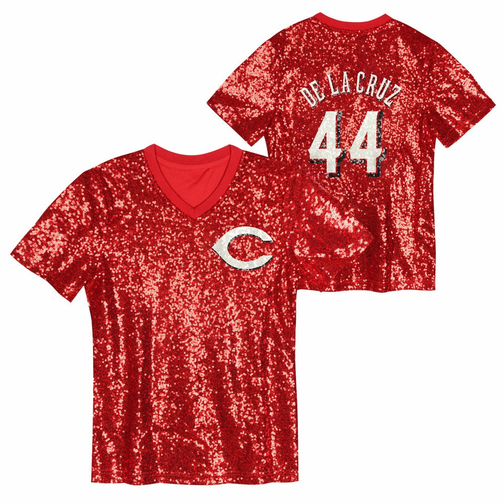 Elly De La Cruz Cincinnati Reds Juniors Name & Number Sequin V-Neck Top - MLB