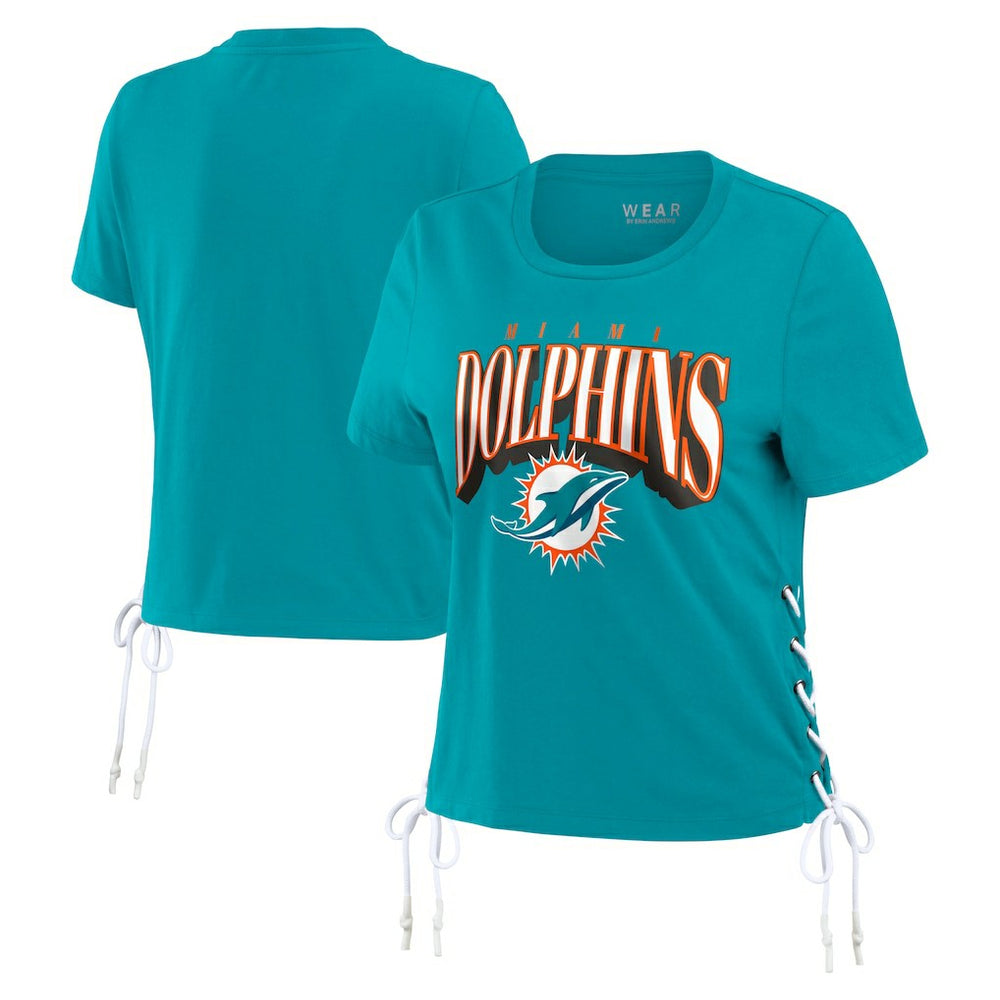 Miami Dolphins WEAR by Erin Andrews Women's Lace Up Side Modest Cropped T-Shirt Aqua | NFL