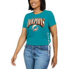 Miami Dolphins WEAR by Erin Andrews Women's Lace Up Side Modest Cropped T-Shirt Aqua | NFL