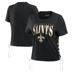 New Orleans Saints WEAR by Erin Andrews Women's Lace Up Side Modest Cropped T-Shirt Black | NFL