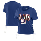 New York Giants WEAR by Erin Andrews Women's Lace Up Side Modest Cropped T-Shirt Royal | NFL