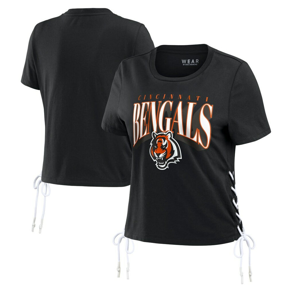 Cincinnati Bengals WEAR by Erin Andrews Women's Lace Up Side Modest Cropped T-Shirt Black | NFL
