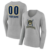 Milwaukee Brewers Women's Personalized Name & Number Fastball Long Sleeve V-Neck T-Shirt - MLB