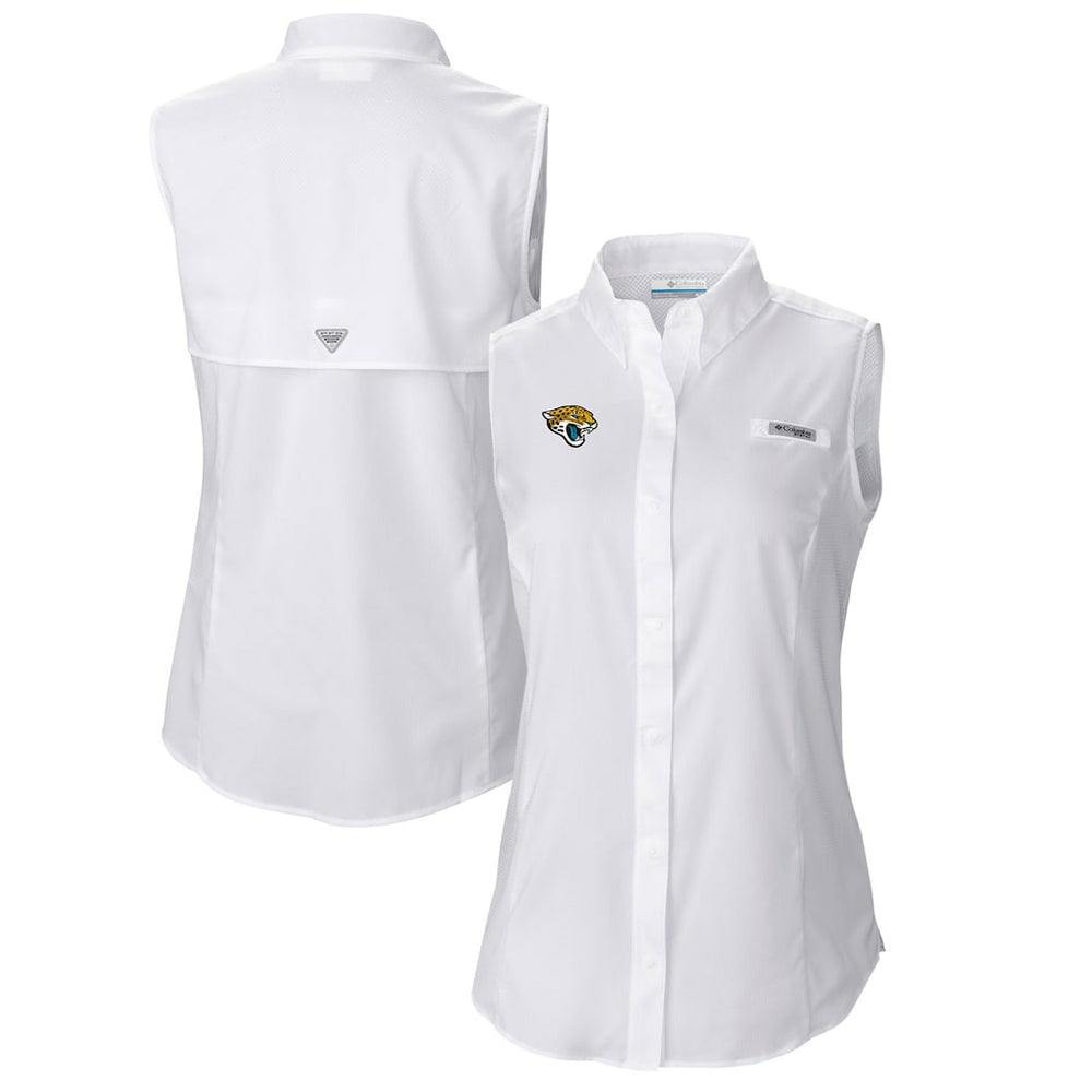 Jacksonville Jaguars Women's PFG Tamiami Omni-Shade Sleeveless Button-Up Shirt White | Columbia