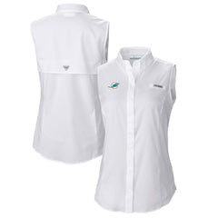 Miami Dolphins Women's PFG Tamiami Omni-Shade Sleeveless Button-Up Shirt White | Columbia