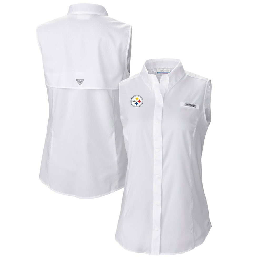 Pittsburgh Steelers Women's PFG Tamiami Omni-Shade Sleeveless Button-Up Shirt White | Columbia