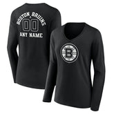 Boston Bruins Women's Personalized Name & Number Monochrome Long Sleeve V-Neck T-Shirt - Black - NHL