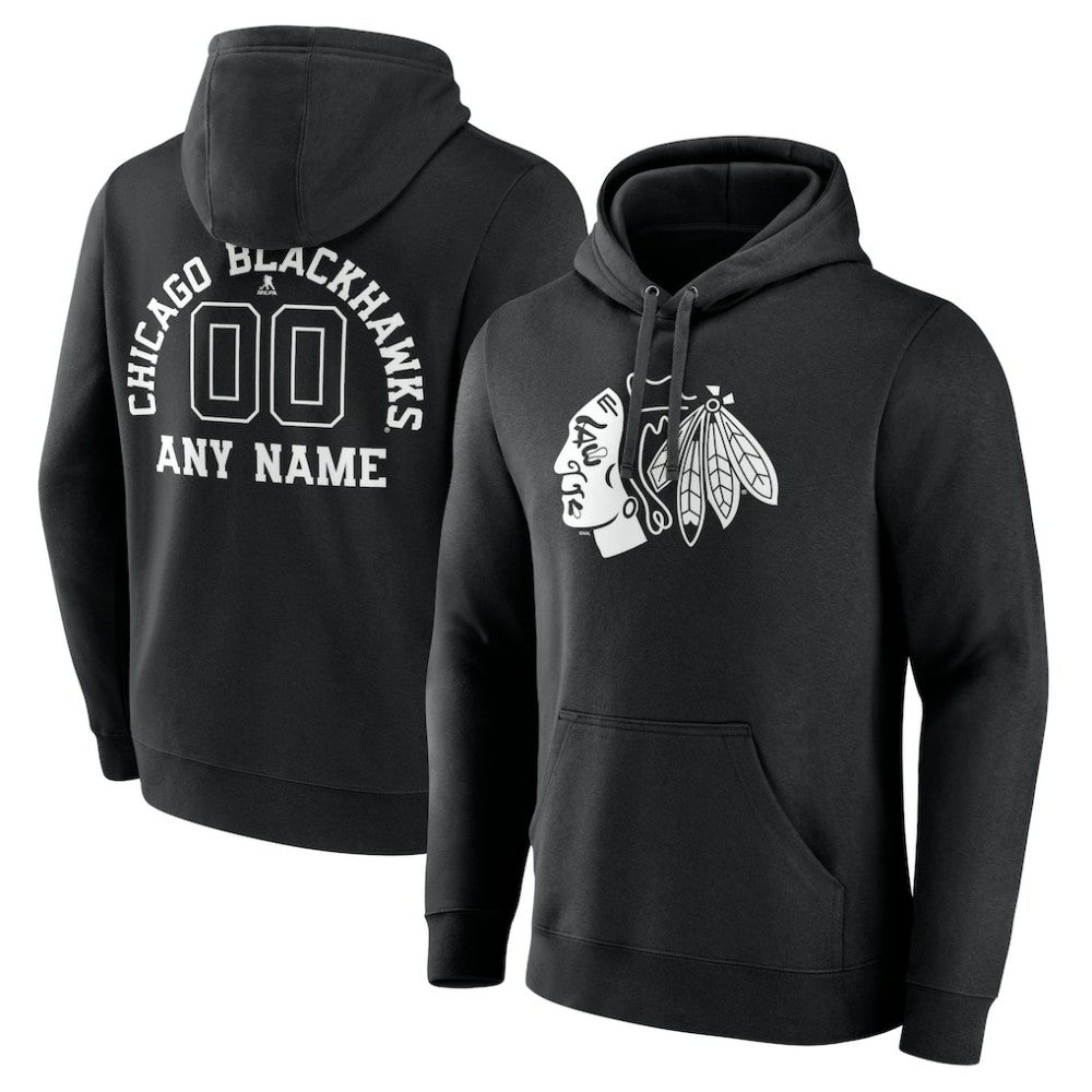 Chicago Blackhawks Personalized Name & Number Monochrome Pullover Hoodie - Black - NHL