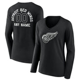 Detroit Red Wings Women's Personalized Name & Number Monochrome Long Sleeve V-Neck T-Shirt - Black - NHL