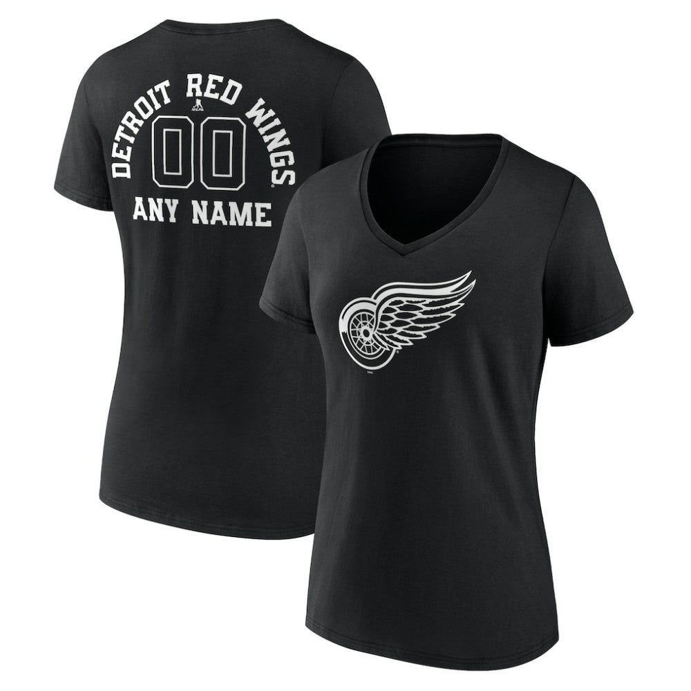 Detroit Red Wings Women's Personalized Name & Number Monochrome V-Neck T-Shirt - Black - NHL
