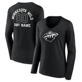 Minnesota Wild Women's Personalized Name & Number Monochrome Long Sleeve V-Neck T-Shirt - Black - NHL