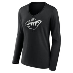 Minnesota Wild Women's Personalized Name & Number Monochrome Long Sleeve V-Neck T-Shirt - Black - NHL