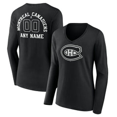 Montreal Canadiens Women's Personalized Name & Number Monochrome Long Sleeve V-Neck T-Shirt - Black - NHL