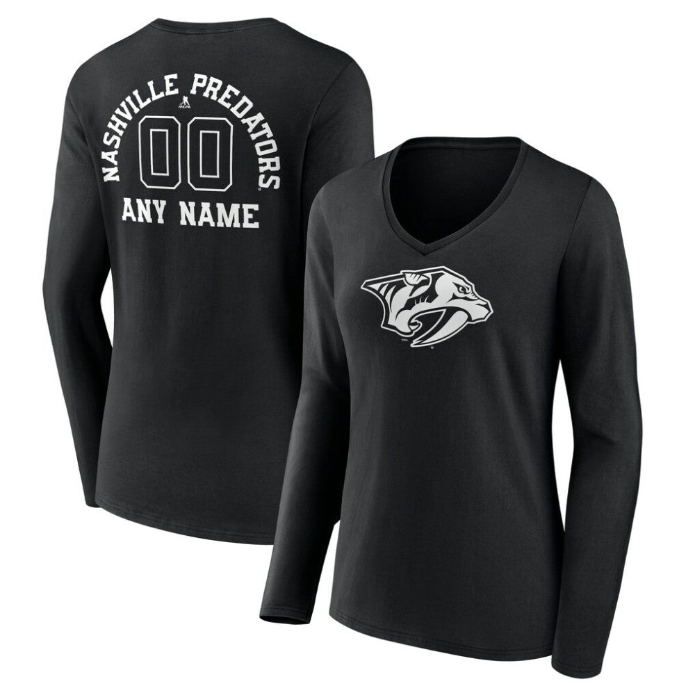 Nashville Predators Women's Personalized Name & Number Monochrome Long Sleeve V-Neck T-Shirt - Black - NHL