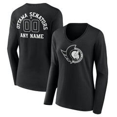 Ottawa Senators Women's Personalized Name & Number Monochrome Long Sleeve V-Neck T-Shirt - Black - NHL