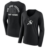 San Jose Sharks Women's Personalized Name & Number Monochrome Long Sleeve V-Neck T-Shirt - Black - NHL