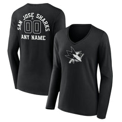 San Jose Sharks Women's Personalized Name & Number Monochrome Long Sleeve V-Neck T-Shirt - Black - NHL