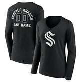Seattle Kraken Women's Personalized Name & Number Monochrome Long Sleeve V-Neck T-Shirt - Black - NHL