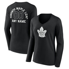 Toronto Maple Leafs Women's Personalized Name & Number Monochrome Long Sleeve V-Neck T-Shirt - Black - NHL