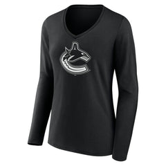 Vancouver Canucks Women's Personalized Name & Number Monochrome Long Sleeve V-Neck T-Shirt - Black - NHL
