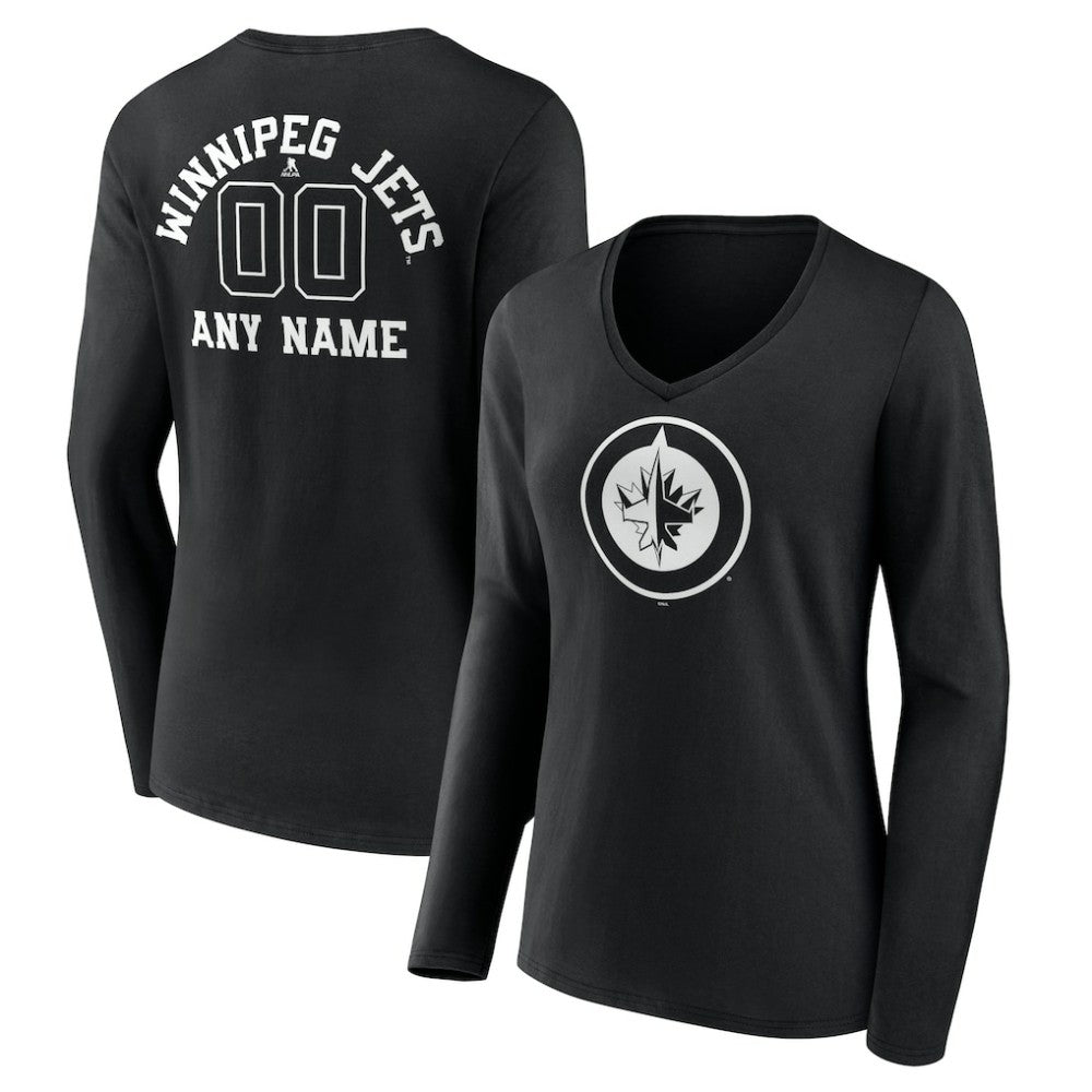 Winnipeg Jets Women's Personalized Name & Number Monochrome Long Sleeve V-Neck T-Shirt - Black - NHL