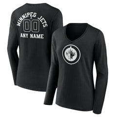 Winnipeg Jets Women's Personalized Name & Number Monochrome Long Sleeve V-Neck T-Shirt - Black - NHL