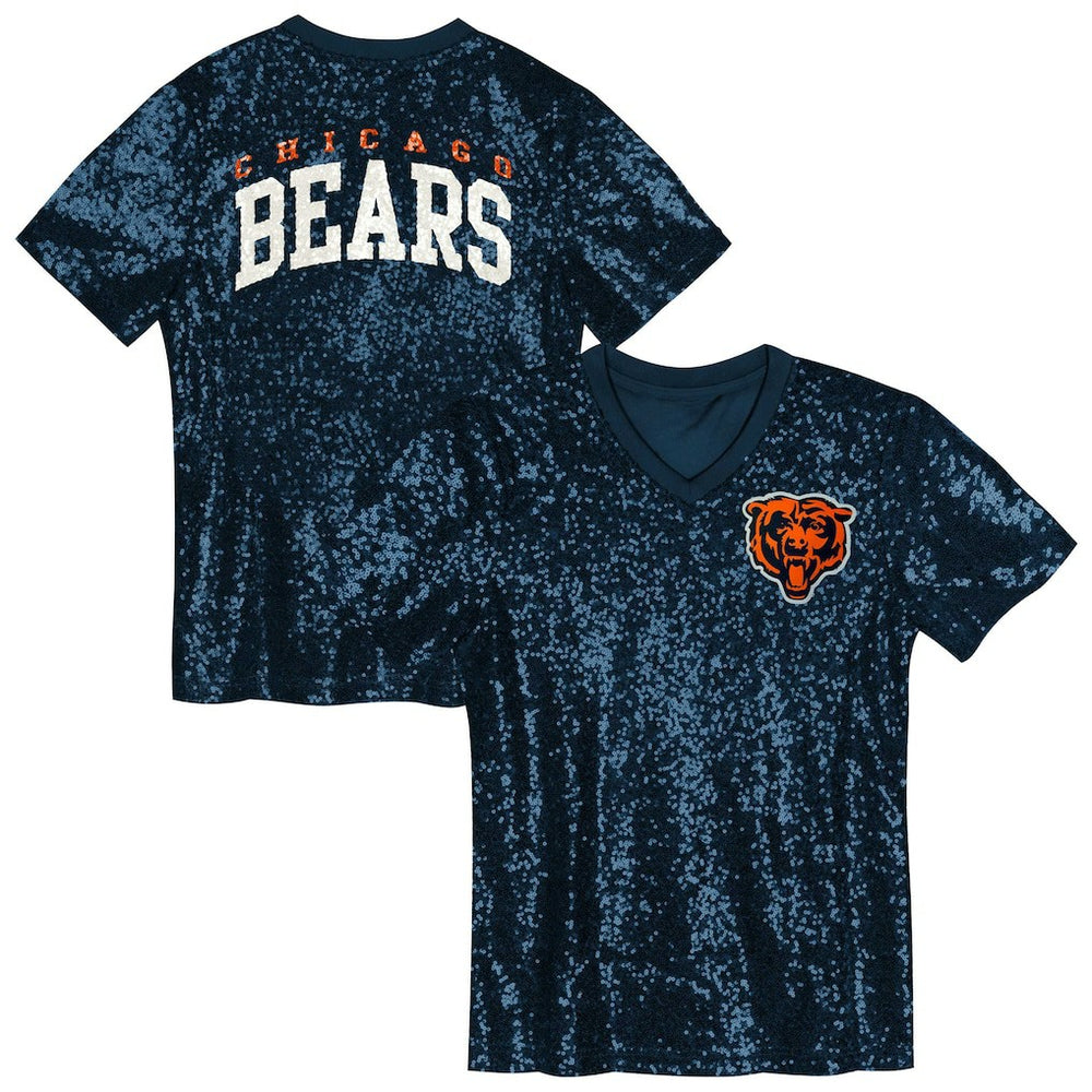 Chicago Bears Girls Youth Wordmark Sequin V-Neck Top Navy | NFL