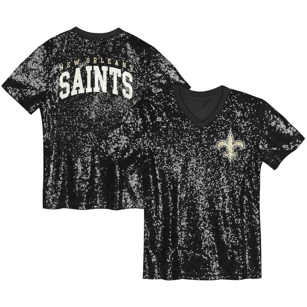 New Orleans Saints Girls Youth Wordmark Sequin V-Neck Top Black | NFL