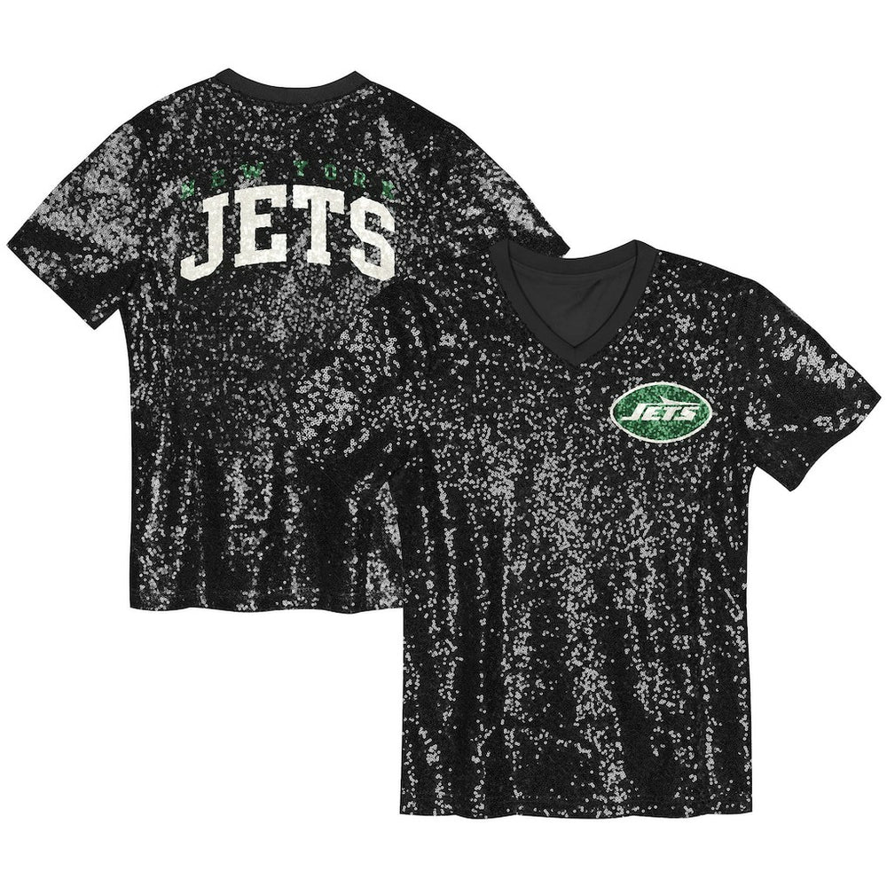 New York Jets Girls Youth Wordmark Sequin V-Neck Top Black | NFL
