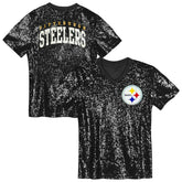 Pittsburgh Steelers Girls Youth Wordmark Sequin V-Neck Top Black | NFL