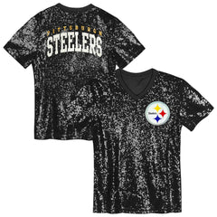 Pittsburgh Steelers Girls Youth Wordmark Sequin V-Neck Top Black | NFL