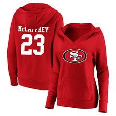 Christian McCaffrey San Francisco 49ers Women's Plus Size Player Name & Number V-Neck Pullover Hoodie Scarlet | Fanatics