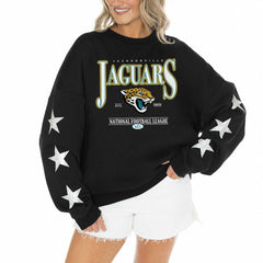 Jacksonville Jaguars Gameday Couture Women's Rhinestone Star Sleeve Settle the Score Oversized Pullover Sweatshirt Black | NFL