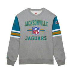 Jacksonville Jaguars All Over 4.0 Vintage Logo Pullover Sweatshirt Heather Gray | Mitchell & Ness
