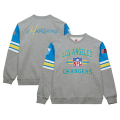 Los Angeles Chargers All Over 4.0 Vintage Logo Pullover Sweatshirt Heather Gray | Mitchell & Ness