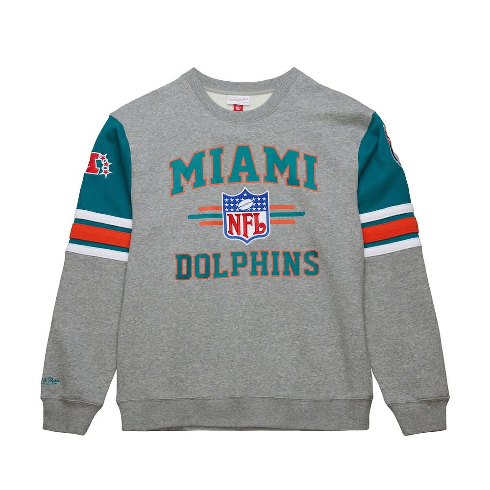 Miami Dolphins All Over 4.0 Vintage Logo Pullover Sweatshirt Heather Gray | Mitchell & Ness