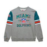 Miami Dolphins All Over 4.0 Vintage Logo Pullover Sweatshirt Heather Gray | Mitchell & Ness