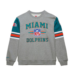 Miami Dolphins All Over 4.0 Vintage Logo Pullover Sweatshirt Heather Gray | Mitchell & Ness